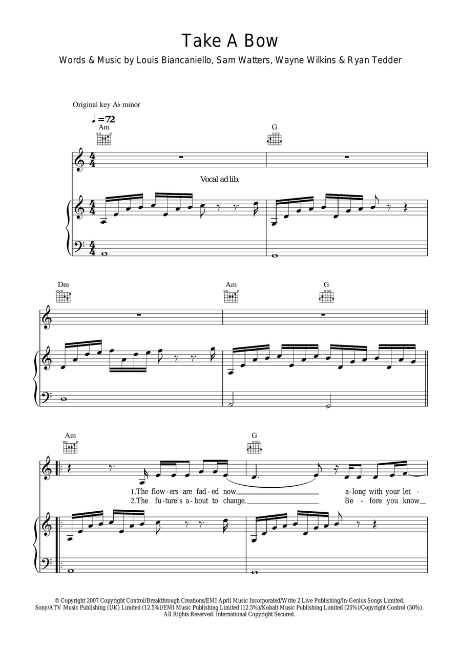 Take A Bow Piano, Vocal scores gallery preview page 1