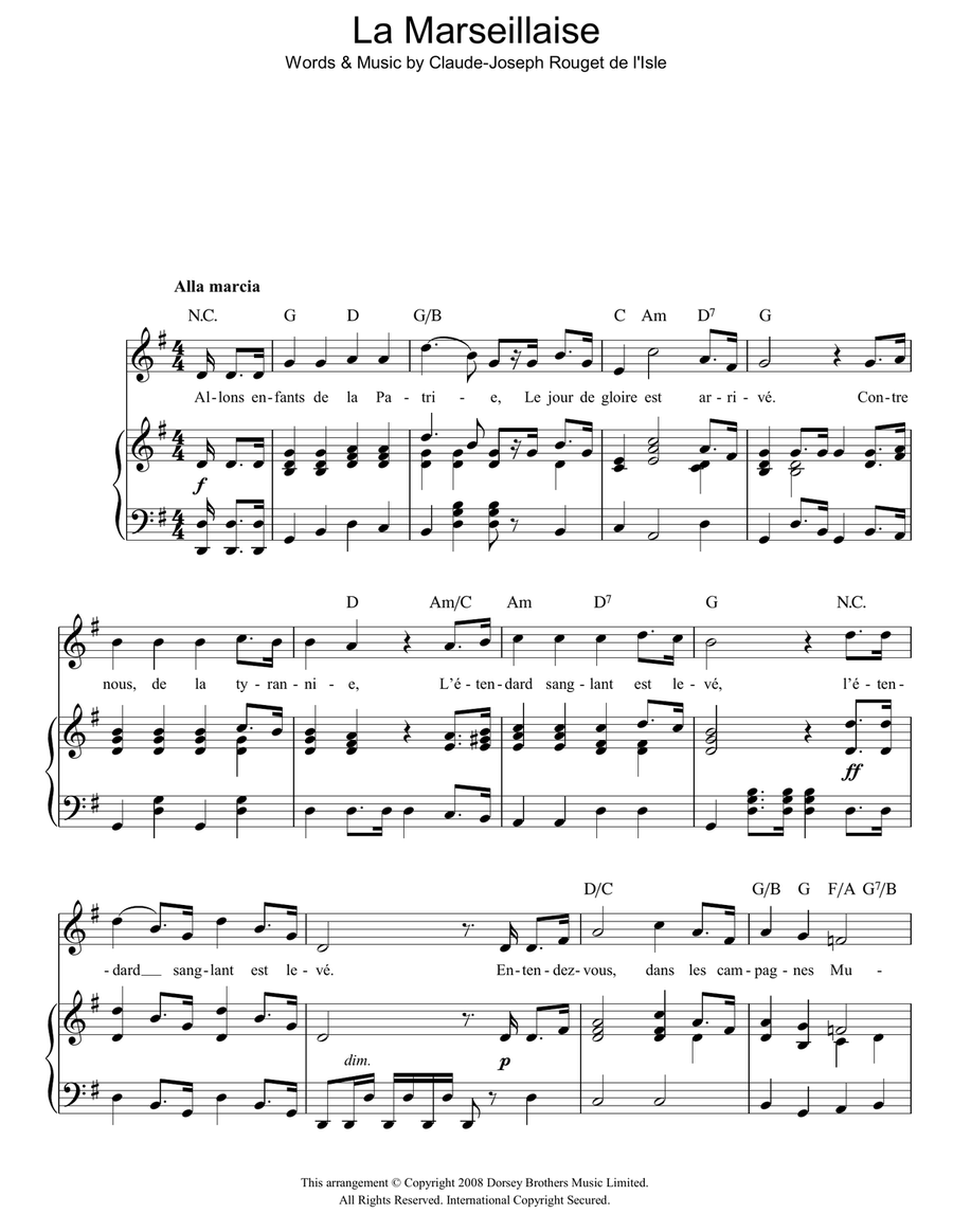 La Marseillaise (French National Anthem) Piano, Vocal, Guitar scores gallery preview page 1