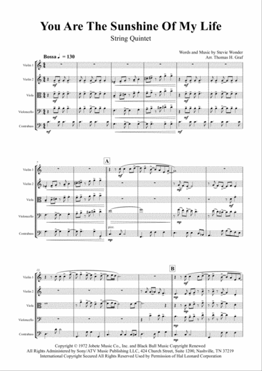 You Are The Sunshine Of My Life String Quintet scores gallery preview page 1