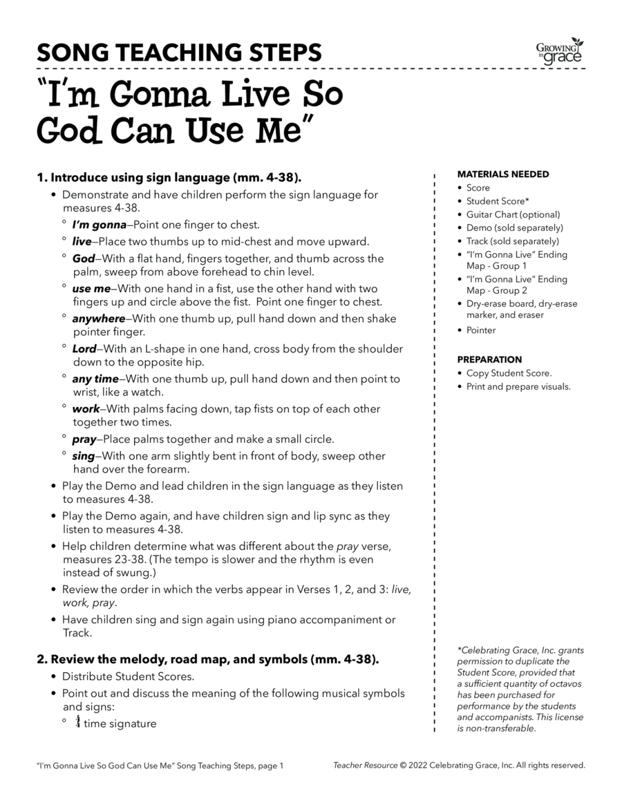 I'm Gonna Live So God Can Use Me (Teacher Resource) Unison Choir scores gallery preview page 1