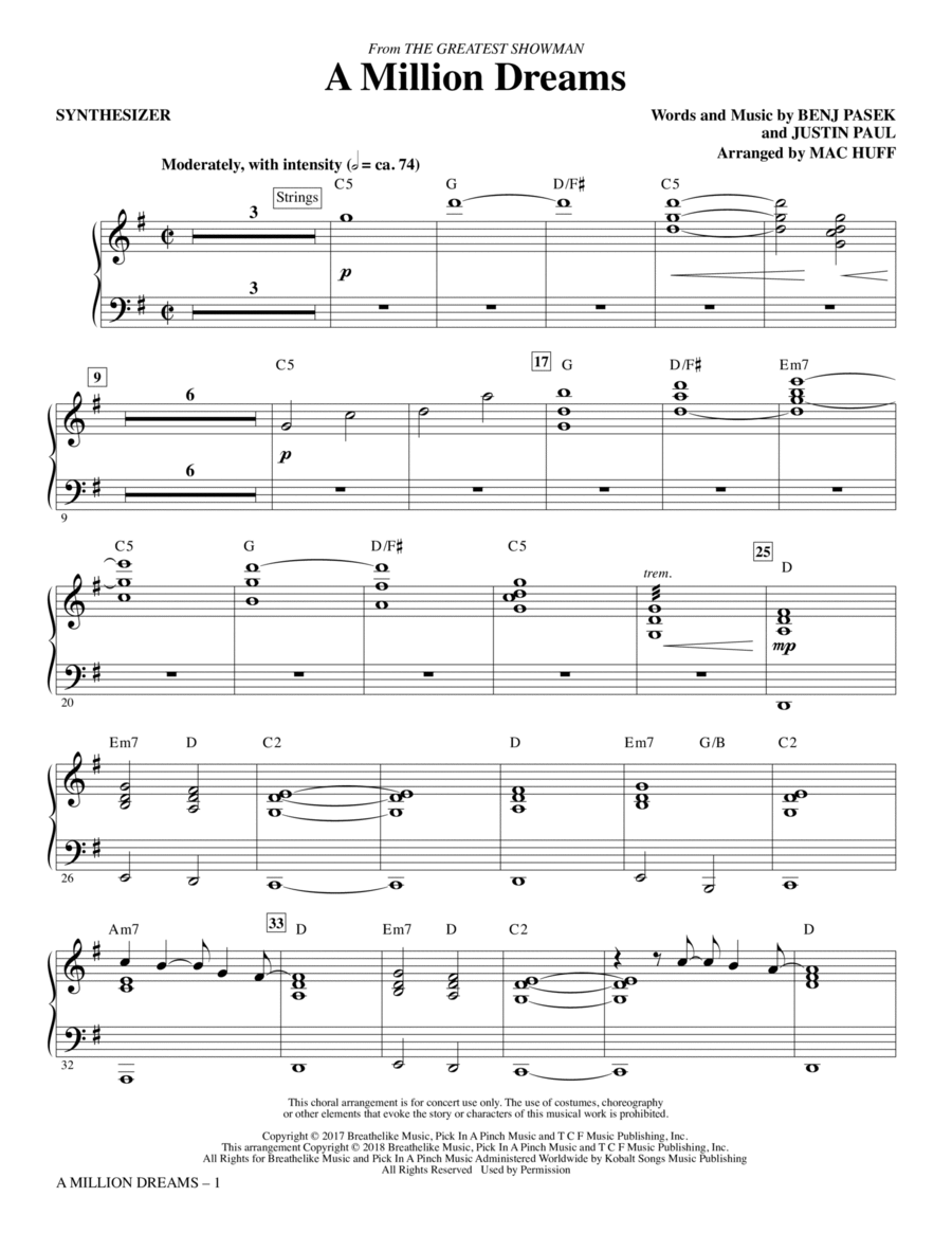 A Million Dreams (from The Greatest Showman) (arr. Mac Huff) - Synthesizer Choir scores gallery preview page 1