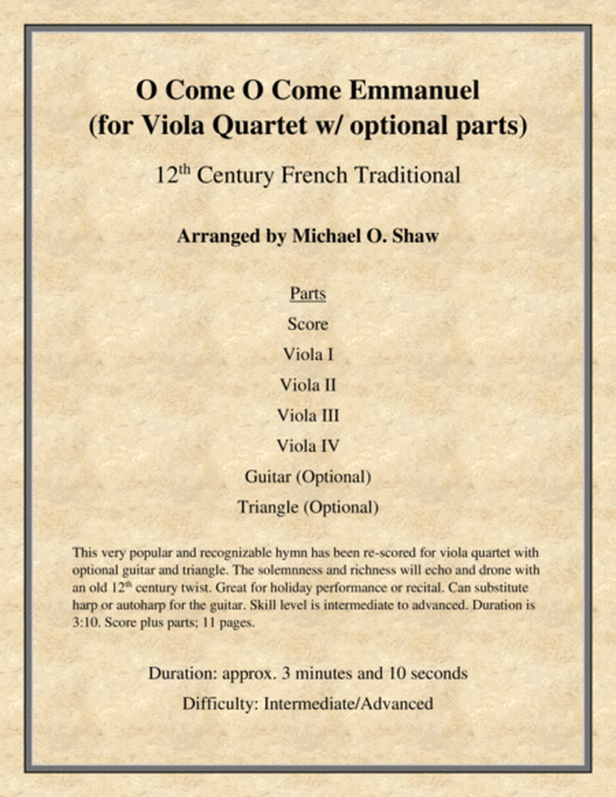 O Come O Come Emmanuel for Viola Quartet with optional Guitar and Triangle image number null