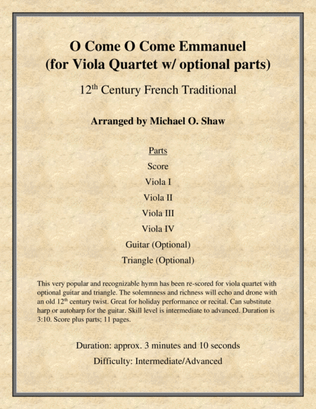 O Come O Come Emmanuel for Viola Quartet with optional Guitar and Triangle