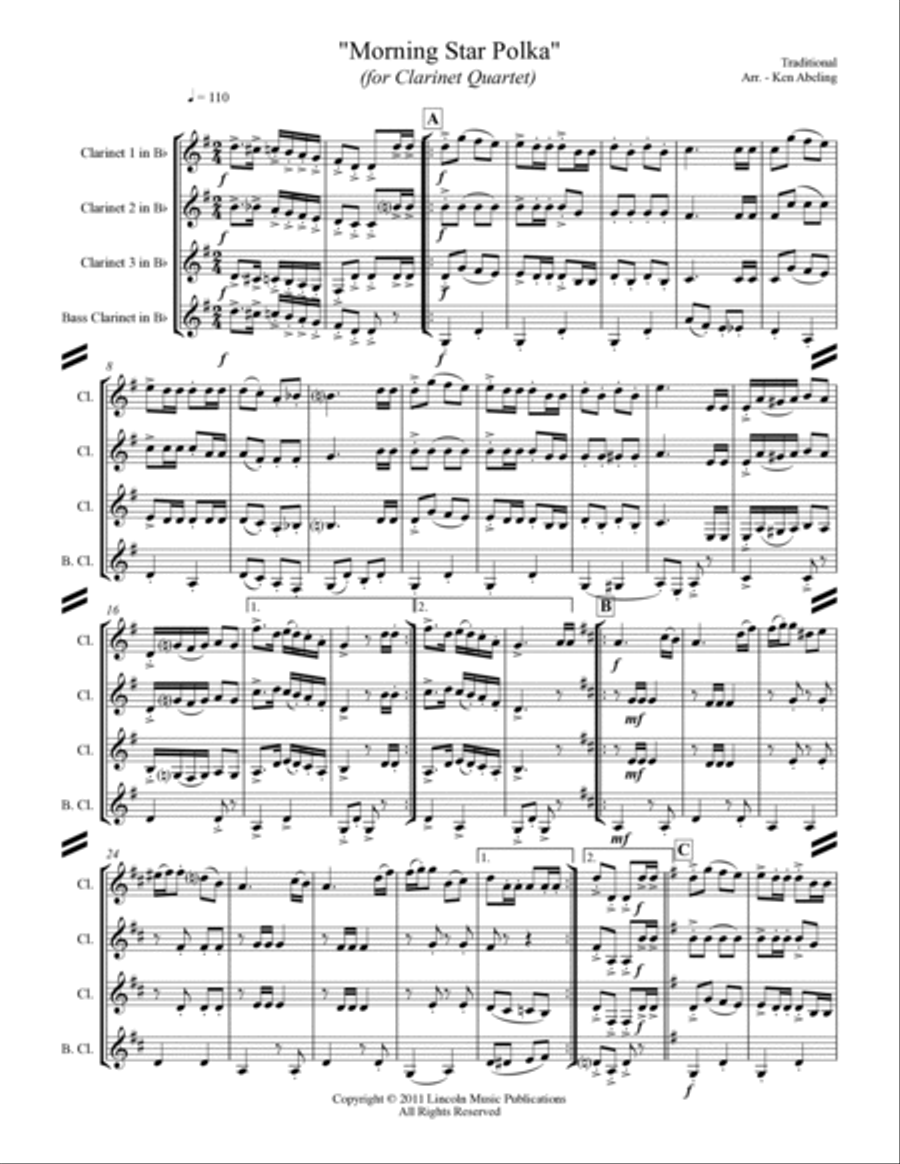 Morning Star Polka (for Clarinet Quartet) Clarinet Quartet scores gallery preview page 2