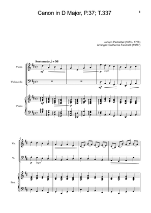 Book cover for Johann Pachelbel - Canon in D Major, P.37; T.337. Arrangement for Violin, Violoncello and Piano.
