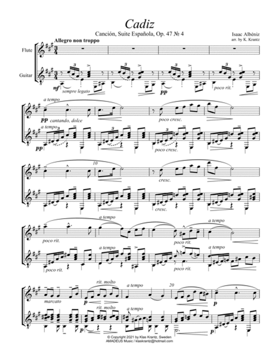 Cadiz Op. 47 No. 4 for flute and guitar (A Major) image number null