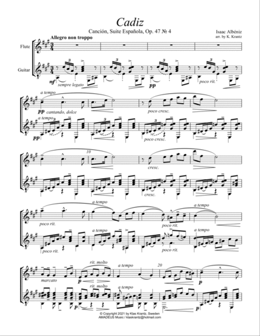 Cadiz Op. 47 No. 4 for flute and guitar (A Major) Flute scores gallery preview page 2