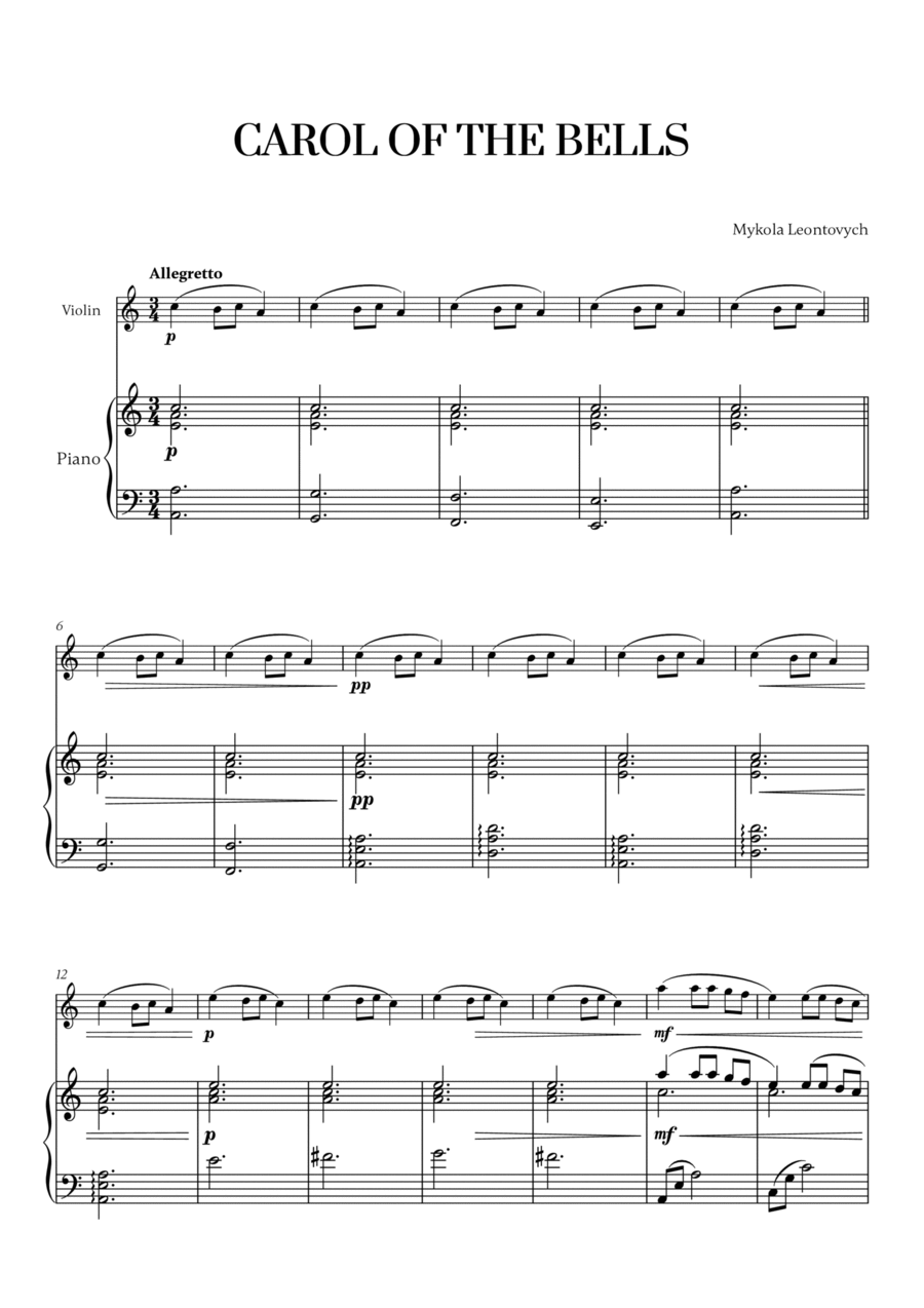 Carol of the Bells (Very Easy/Beginner) - A minor (for Violin and Piano) Violin Solo scores gallery preview page 1