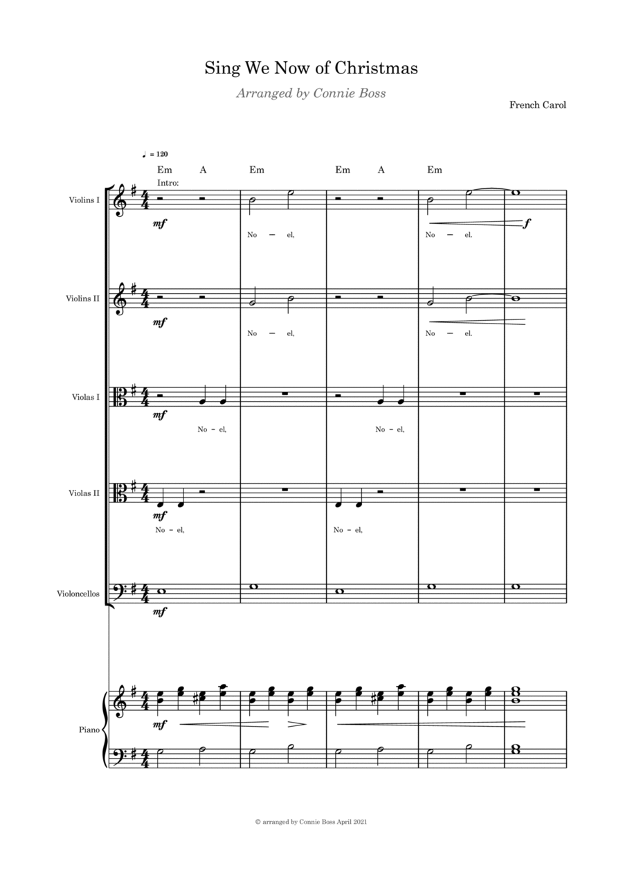 Sing We Now of Christmas - Strings quintet and piano with parts Violin scores gallery preview page 1