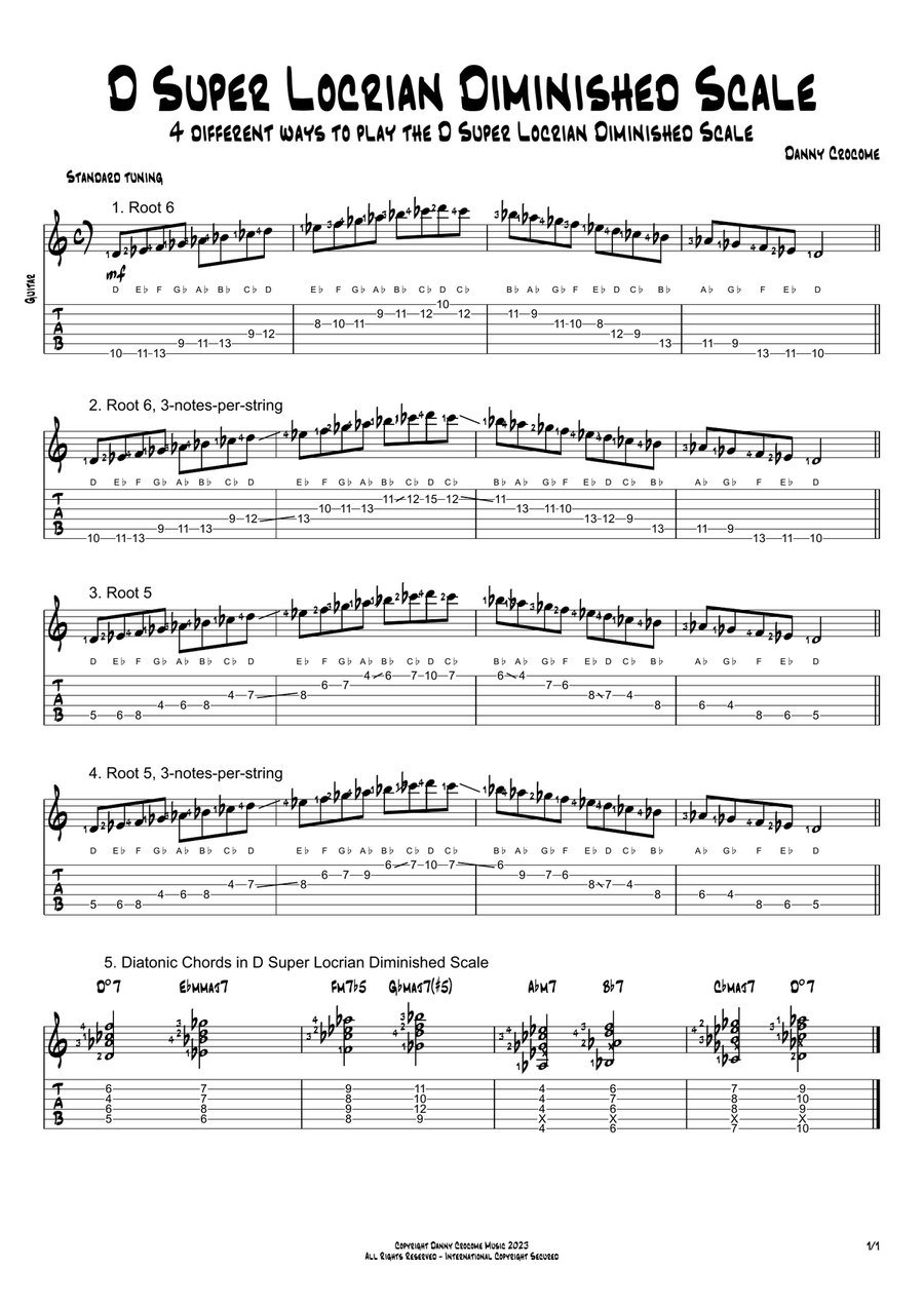 D Super Locrian Diminished Scale (4 Ways to Play) Electric Guitar scores gallery preview page 1