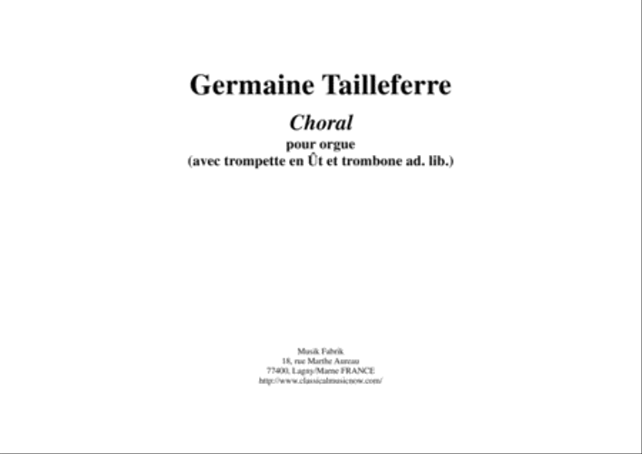 Germaine Tailleferre: Choral for organ and optional brass (C trumpet and trombone) Small Ensemble scores gallery preview page 1