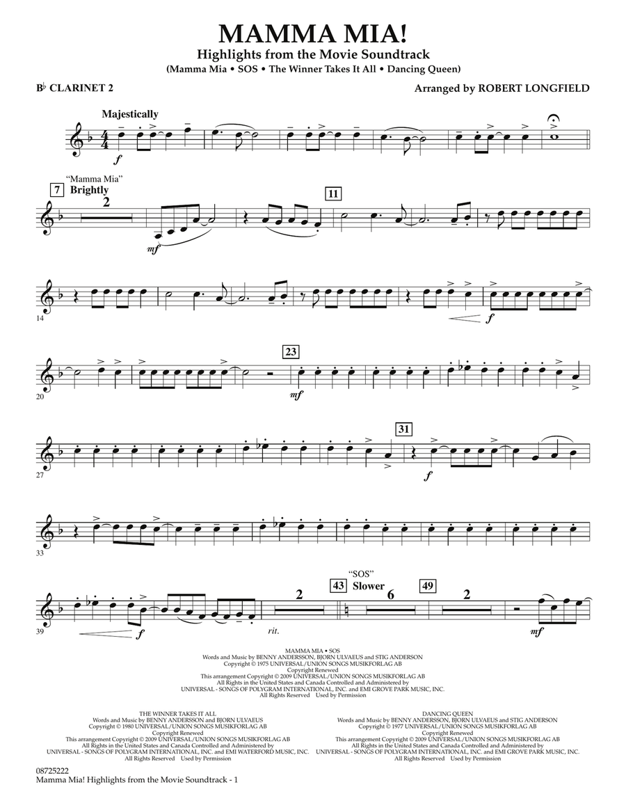 Mamma Mia! - Highlights from the Movie Soundtrack - Bb Clarinet 2 Concert Band scores gallery preview page 1