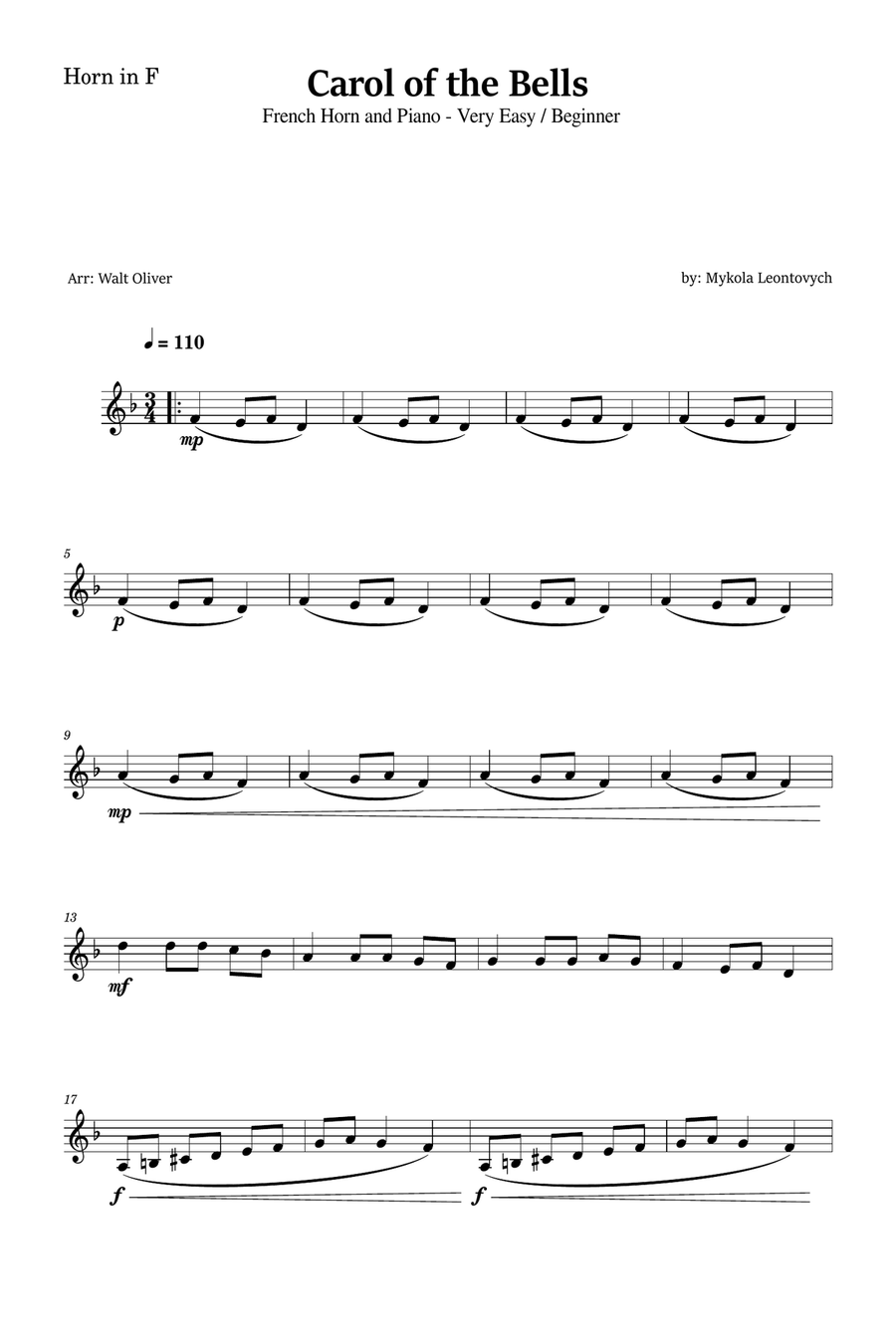 Carol of the Bells for French Horn and Piano (Very Easy - Beginner) in G minor - With Chords Piano scores gallery preview page 4