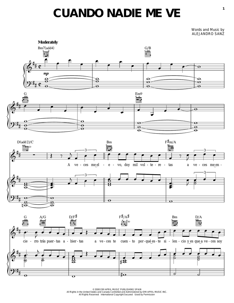 Cuando Nadie Me Ve Piano, Vocal, Guitar scores gallery preview page 1