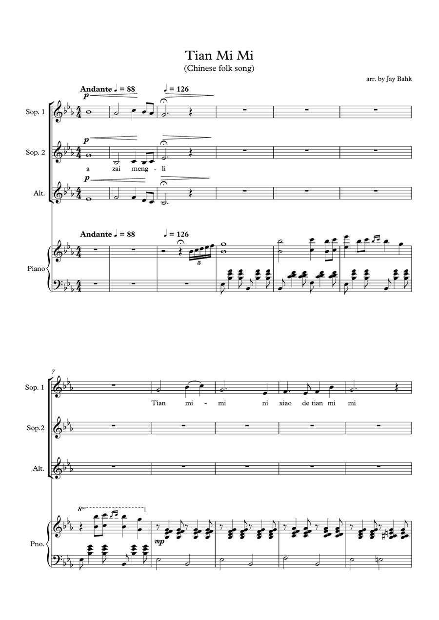 Tian mi mi(chinese folk song) SSA scores gallery preview page 1