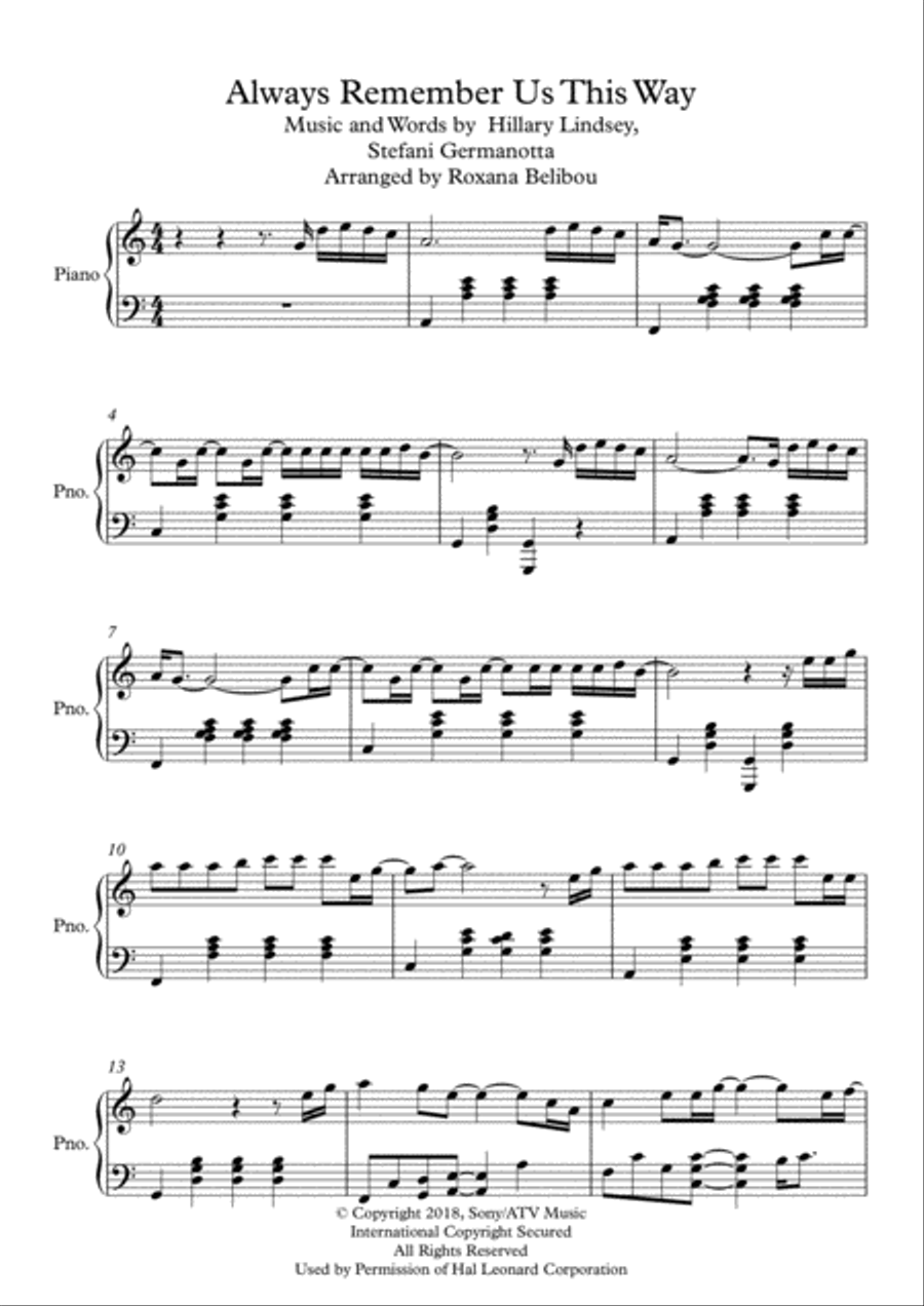Always Remember Us This Way Piano Solo scores gallery preview page 1