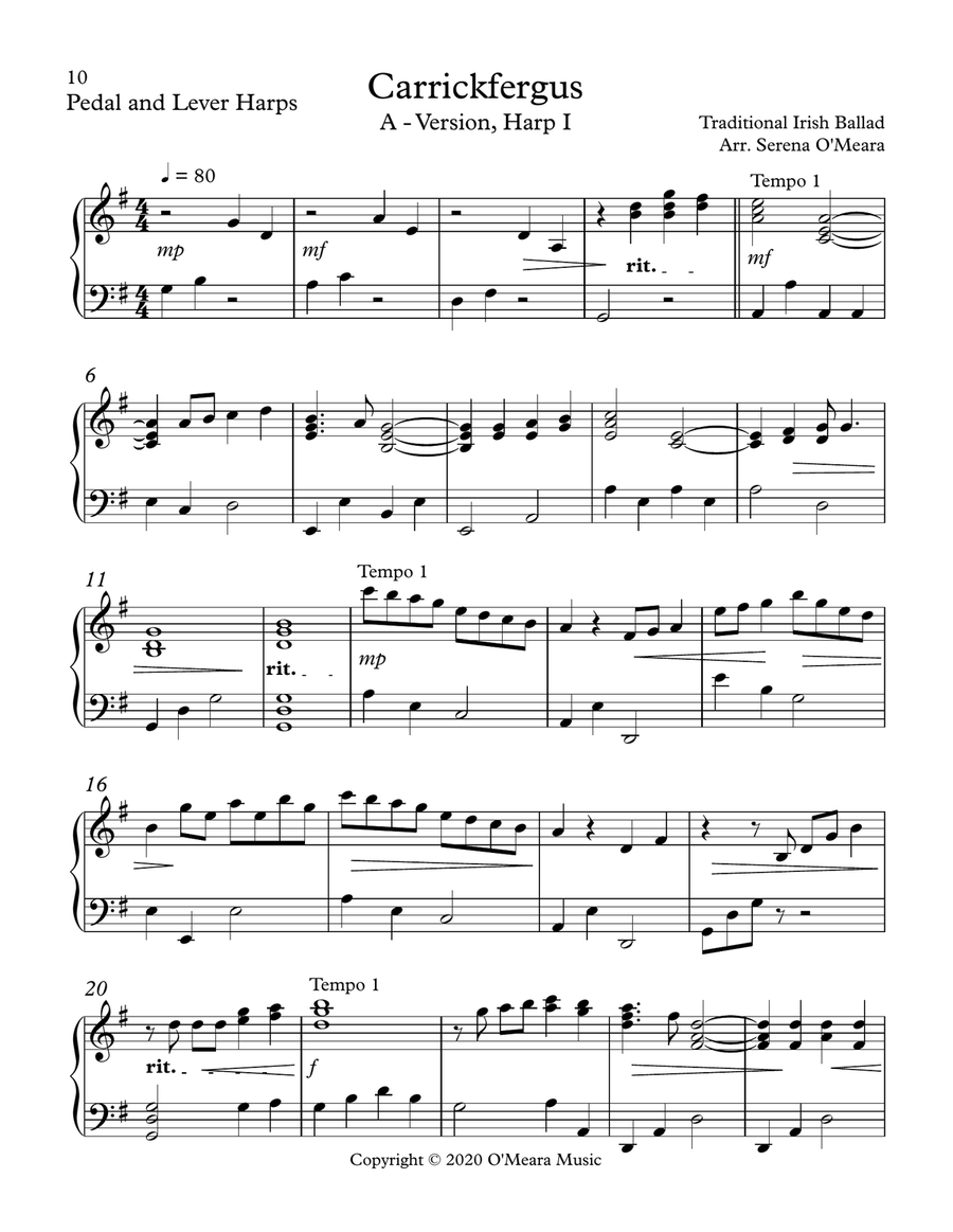 Carrickfergus A-Version, Harp 1 Celtic Harp scores gallery preview page 2