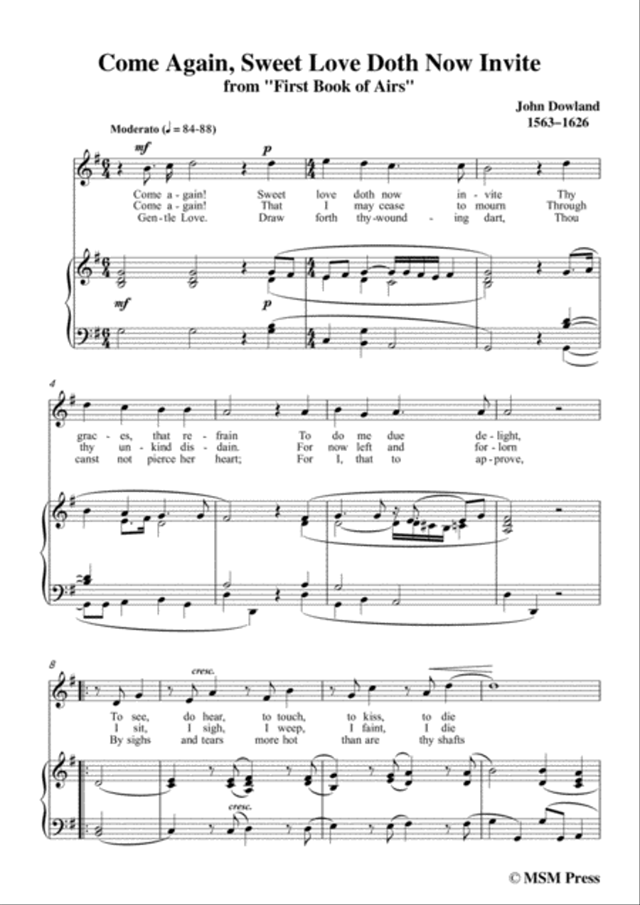 Dowland-Come Again, Sweet Love Doth Now Invite in G Major, for Voice and Piano image number null