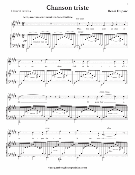 DUPARC: Chanson triste (transposed to E major, E-flat major, and D major)