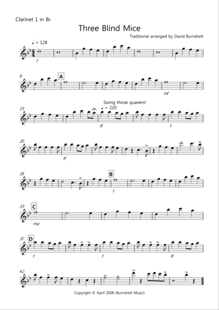Three Blind Mice for Clarinet Quartet Clarinet Quartet scores gallery preview page 3