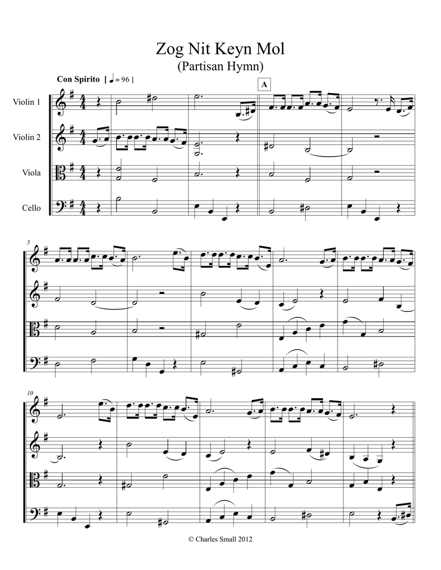 Zog Nit Keyn Mol (Holocaust survivor anthem) String Quartet scores gallery preview page 1