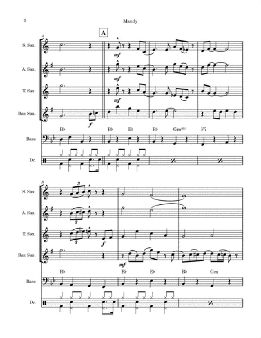 Mandy (Saxophone Quartet) Saxophone Quartet scores gallery preview page 3