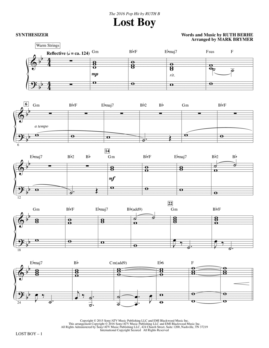 Lost Boy (arr. Mark Brymer) - Synthesizer Choir scores gallery preview page 1