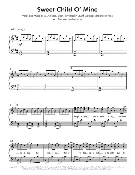 Sweet Child O' Mine (Late Intermediate Piano - Transposed) image number null