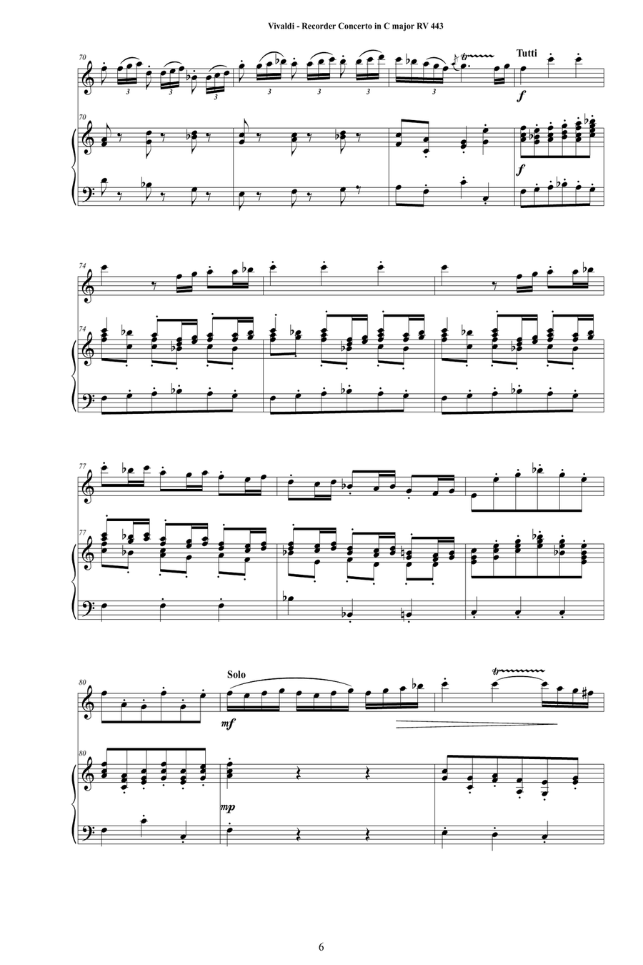 Vivaldi - Recorder Concerto in C major RV 443 for Flautino and Piano Alto Recorder scores gallery preview page 6