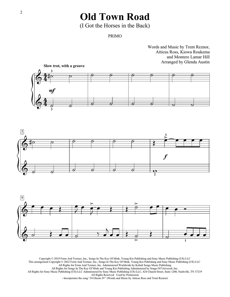Old Town Road (I Got The Horses In The Back) (arr. Glenda Austin) 1 Piano, 4-Hands scores gallery preview page 2