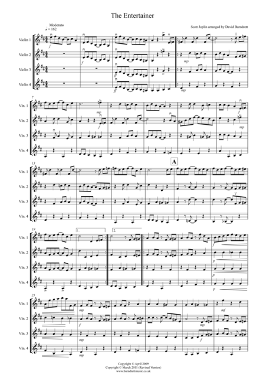 The Entertainer for Violin Quartet The Entertainer for Violin Quartet Violin Solo scores gallery preview page 1