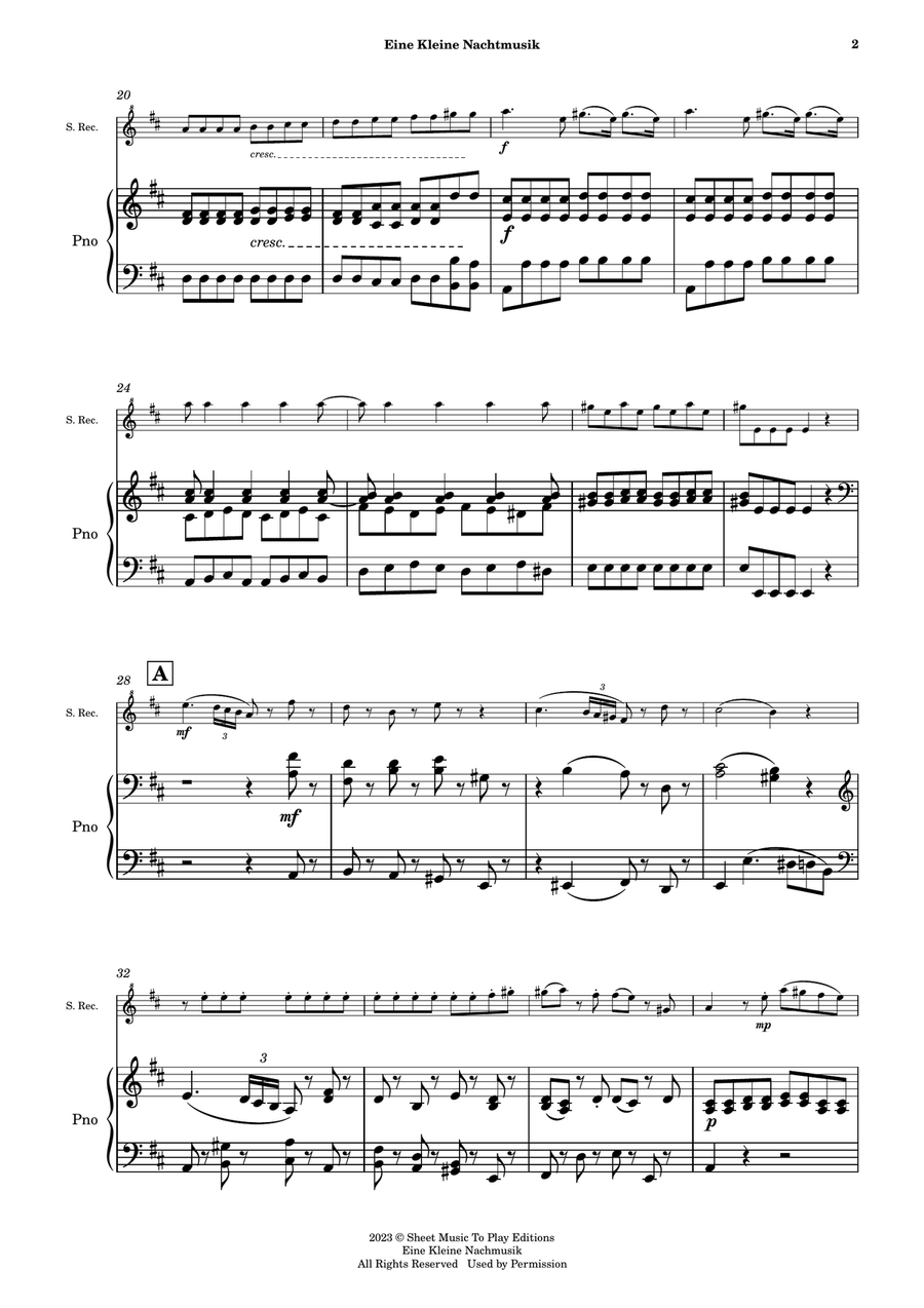 Eine Kleine Nachtmusik (1 mov.) - Soprano Recorder and Piano (Full Score and Parts) Soprano Recorder scores gallery preview page 3