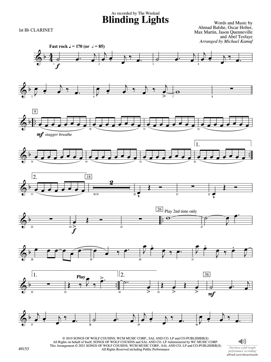 Blinding Lights: 1st B-flat Clarinet Concert Band scores gallery preview page 1