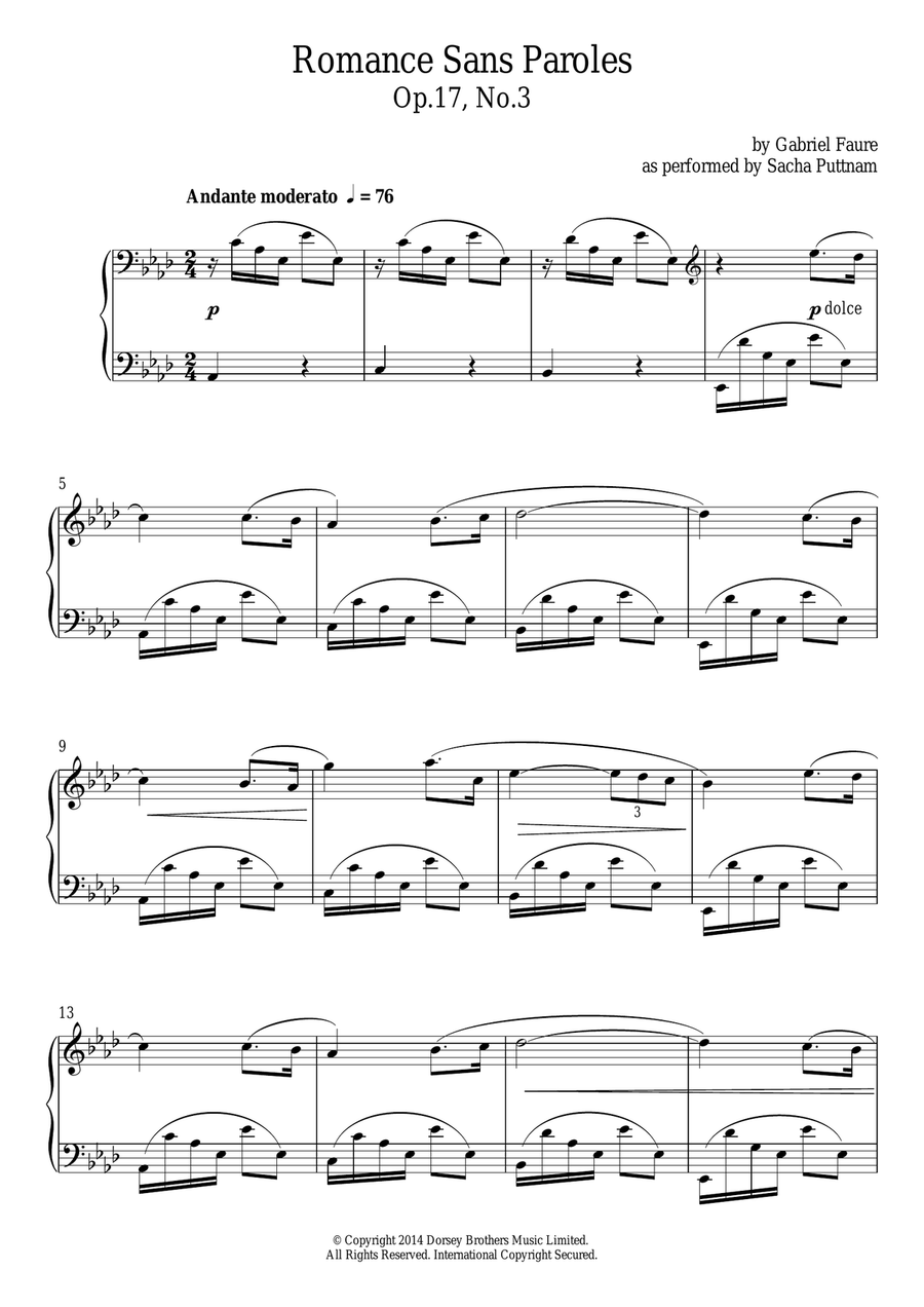 Romance Sans Paroles Op.17, No.3 (as performed by Sacha Puttnam) Piano Solo scores gallery preview page 1