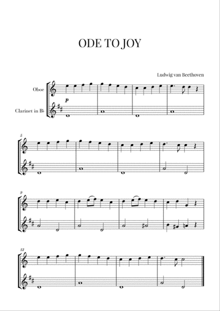 Beethoven - Ode to Joy (for Oboe and Clarinet) Woodwind Duet scores gallery preview page 1