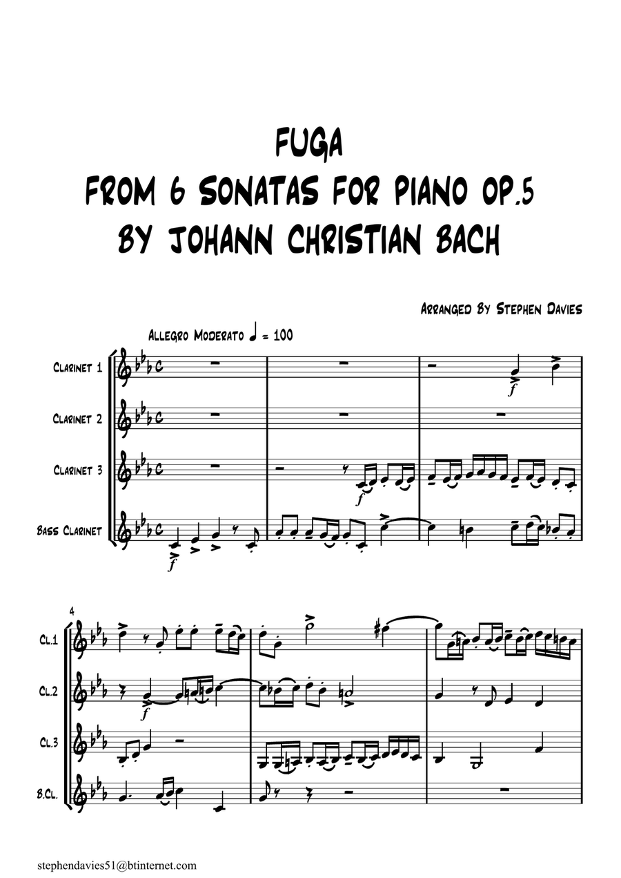 'Fuga' from '6 Sonatas For Piano' by Johann Christian Bach for Clarinet Quartet. Woodwind Quartet scores gallery preview page 1