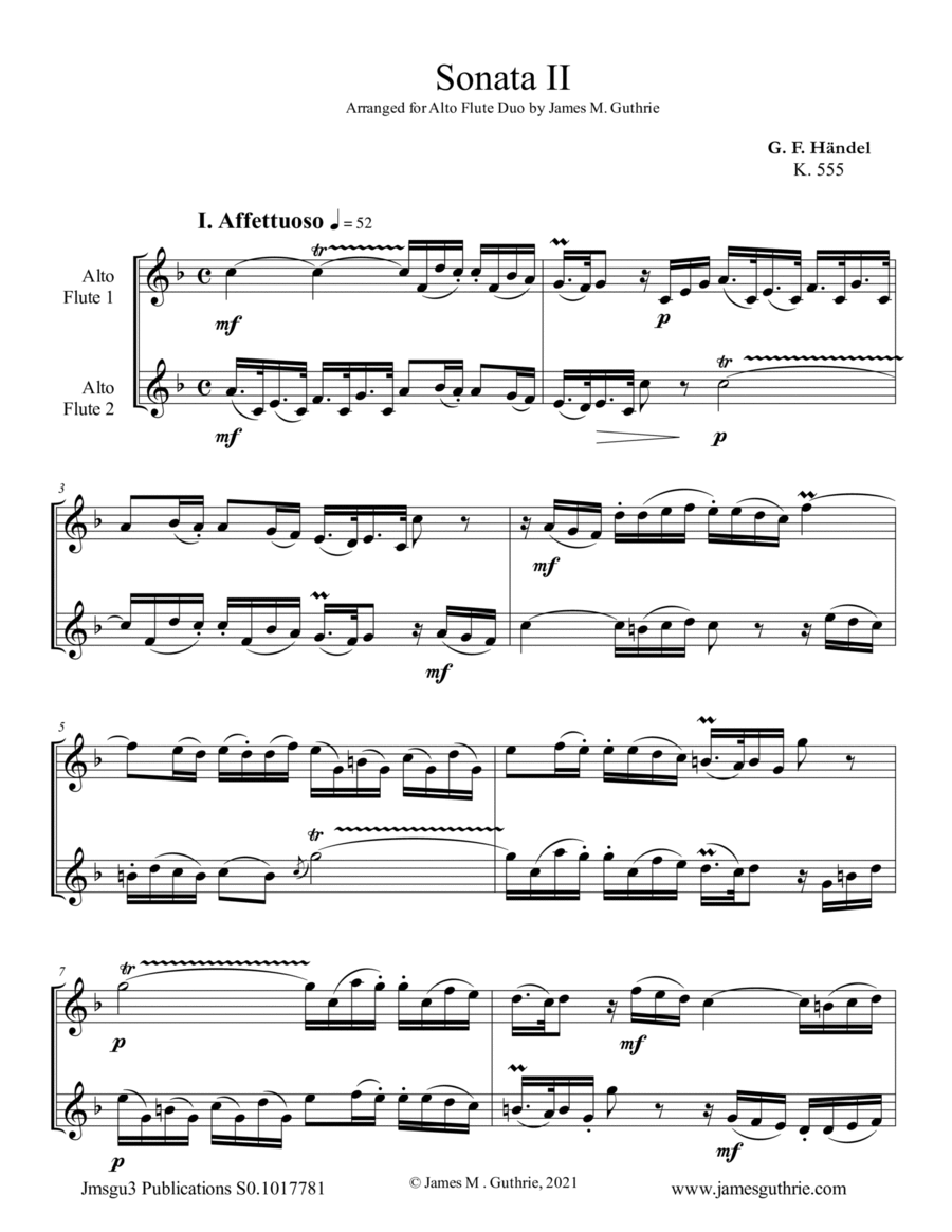 Handel: Sonata No. 2 for Alto Flute Duo Flute Duet scores gallery preview page 1