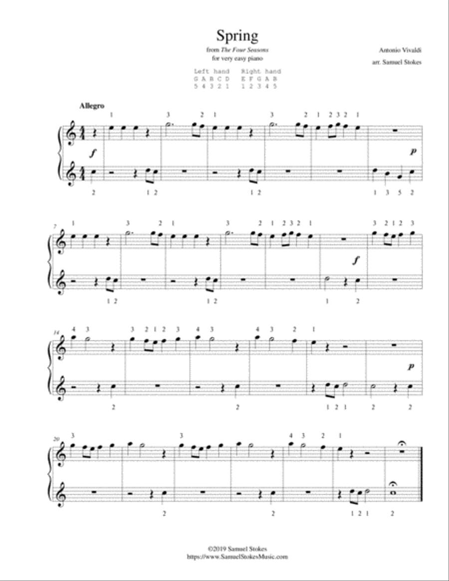 Spring - from Vivaldi's The Four Seasons - for very easy piano Easy Piano scores gallery preview page 1
