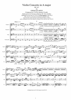Book cover for Vivaldi - Violin Concerto in A major RV 347 Op.4 No.5 for String Quartet