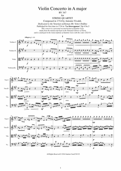 Vivaldi - Violin Concerto in A major RV 347 Op.4 No.5 for String Quartet image number null