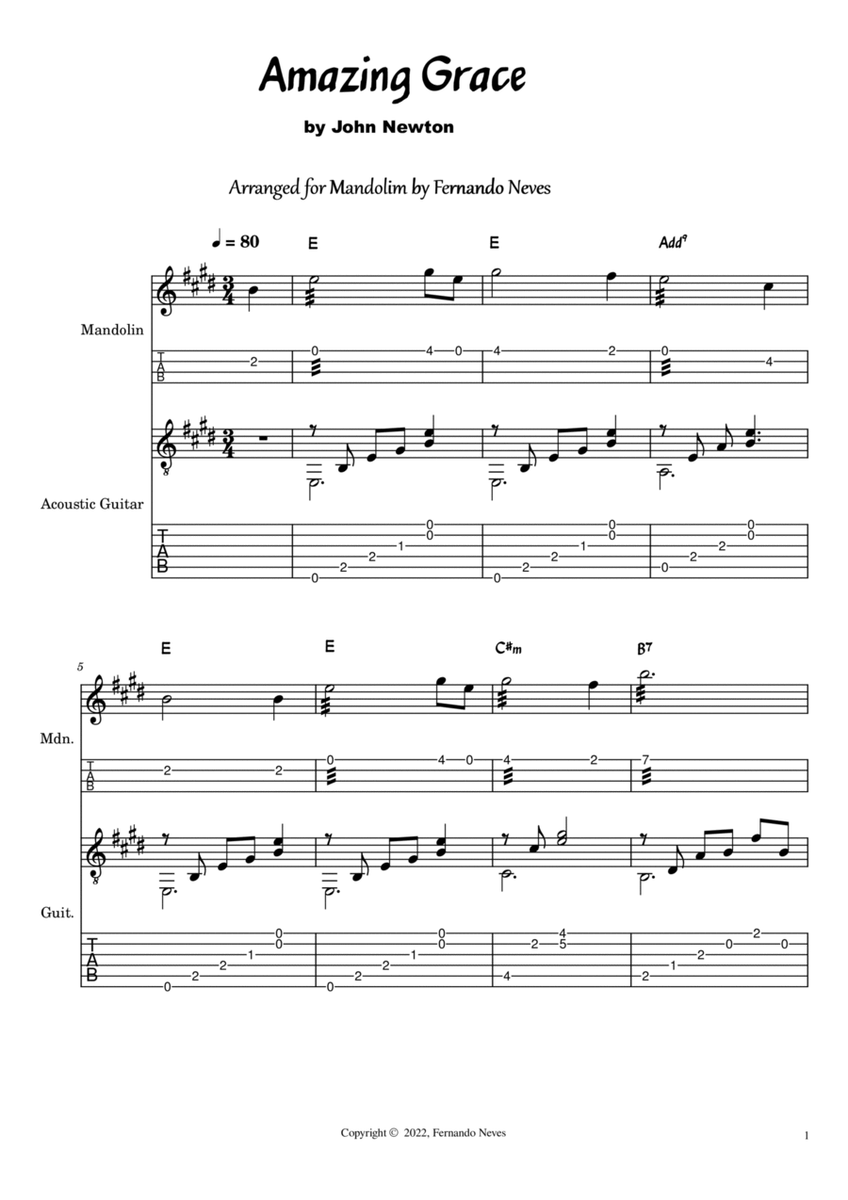Amazing Grace for Mandolim & Guitar (Tablature and Scores) image number null