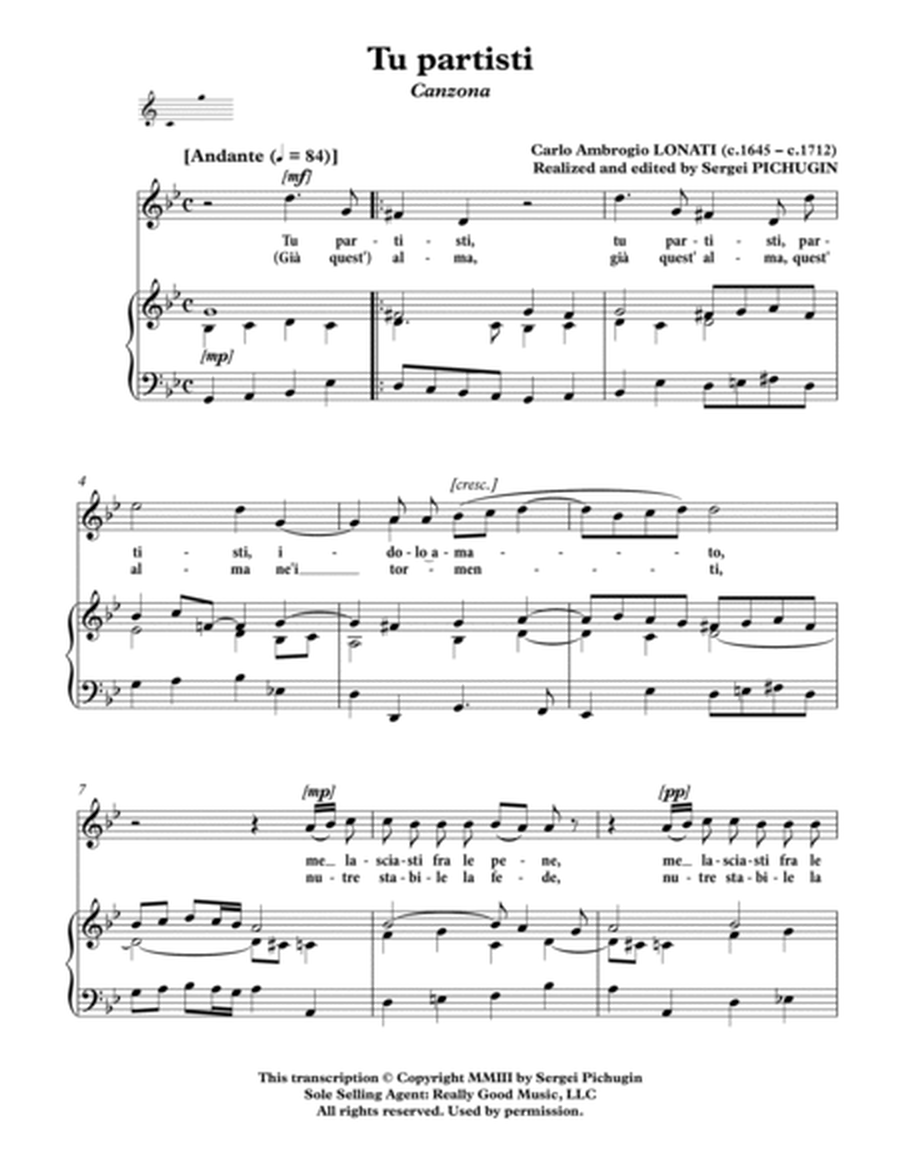 LONATI Carlo Ambrogio: Tu partisti, canzona, arranged for Voice and Piano (G minor) image number null