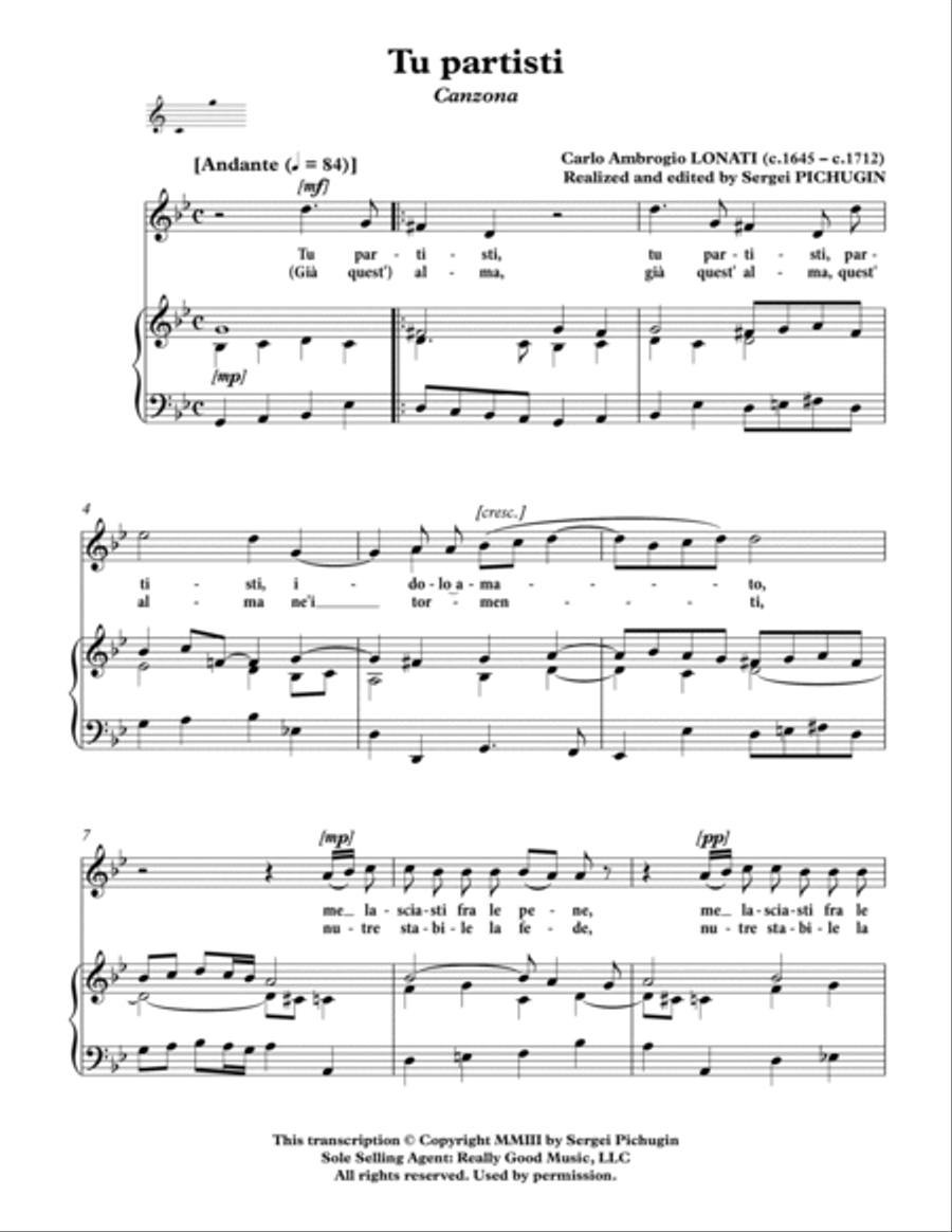 LONATI Carlo Ambrogio: Tu partisti, canzona, arranged for Voice and Piano (G minor) High Voice scores gallery preview page 3
