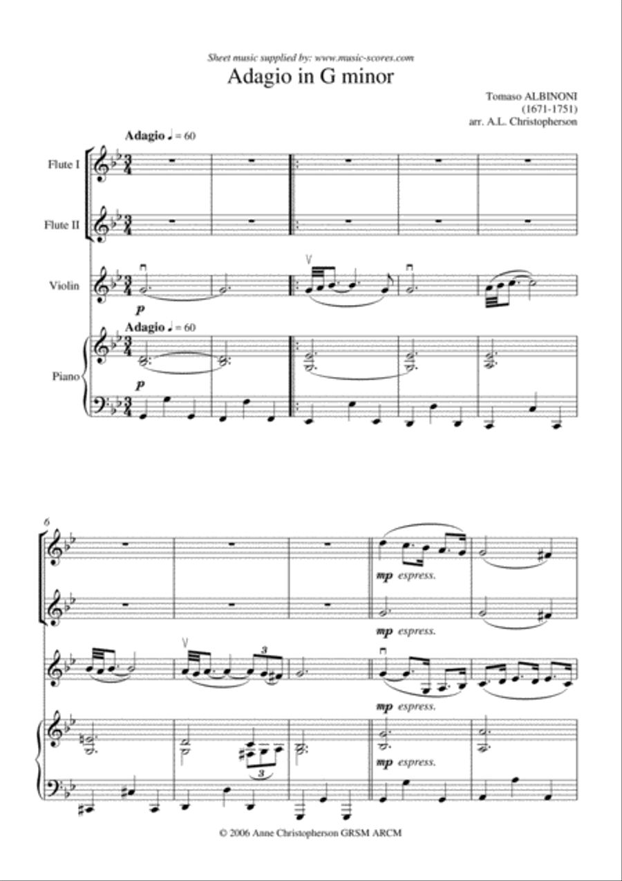 Albinoni Adagio - 2 Flutes, Violin and Piano Flute scores gallery preview page 1