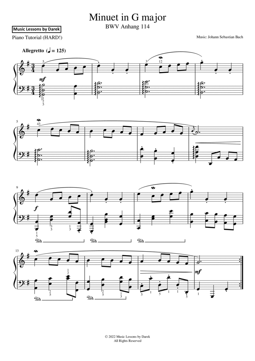 Minuet in G major (HARD PIANO) BWV Anhang 114 [Johann Sebastian Bach] image number null