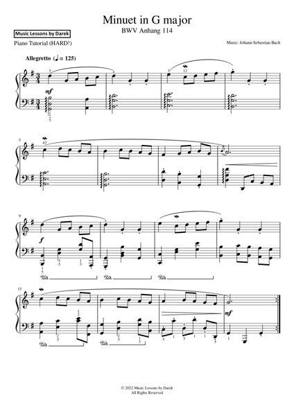 Minuet in G major (HARD PIANO) BWV Anhang 114 [Johann Sebastian Bach] image number null