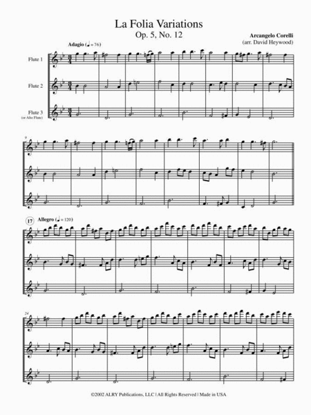 La Folia Variations, Op. 5 No. 12 for Flute Trio
