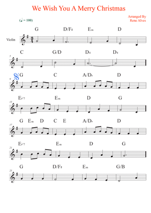 We Wish You A Merry Christmas, sheet music and violin melody for the beginning musician (easy).