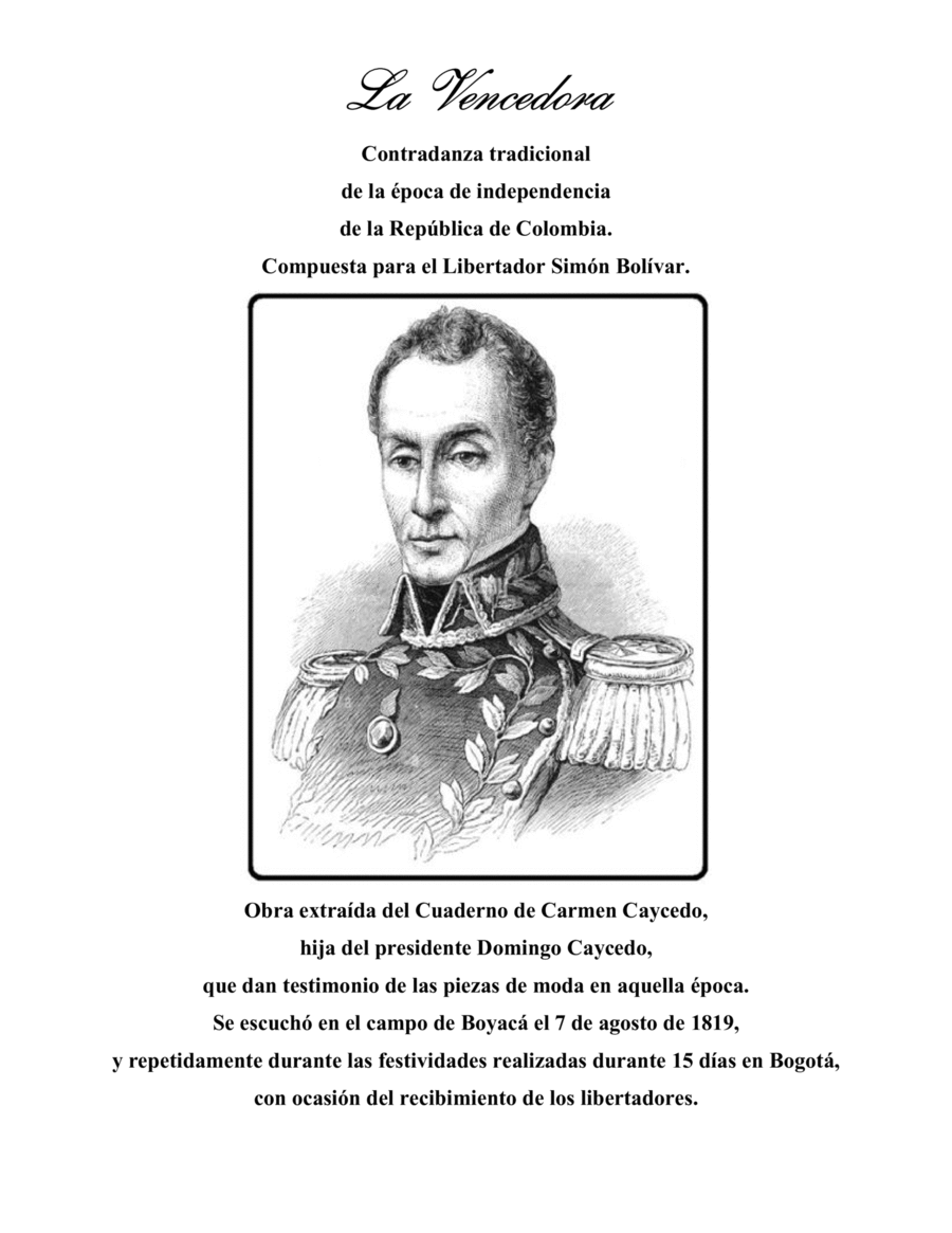 La Vencedora - Contradanza tradicional de la época de independencia de la República de Colombia. Piano Method scores gallery preview page 1