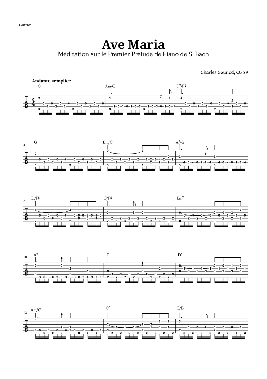 Ave Maria by Gounod for Guitar TAB Classical Guitar scores gallery preview page 1